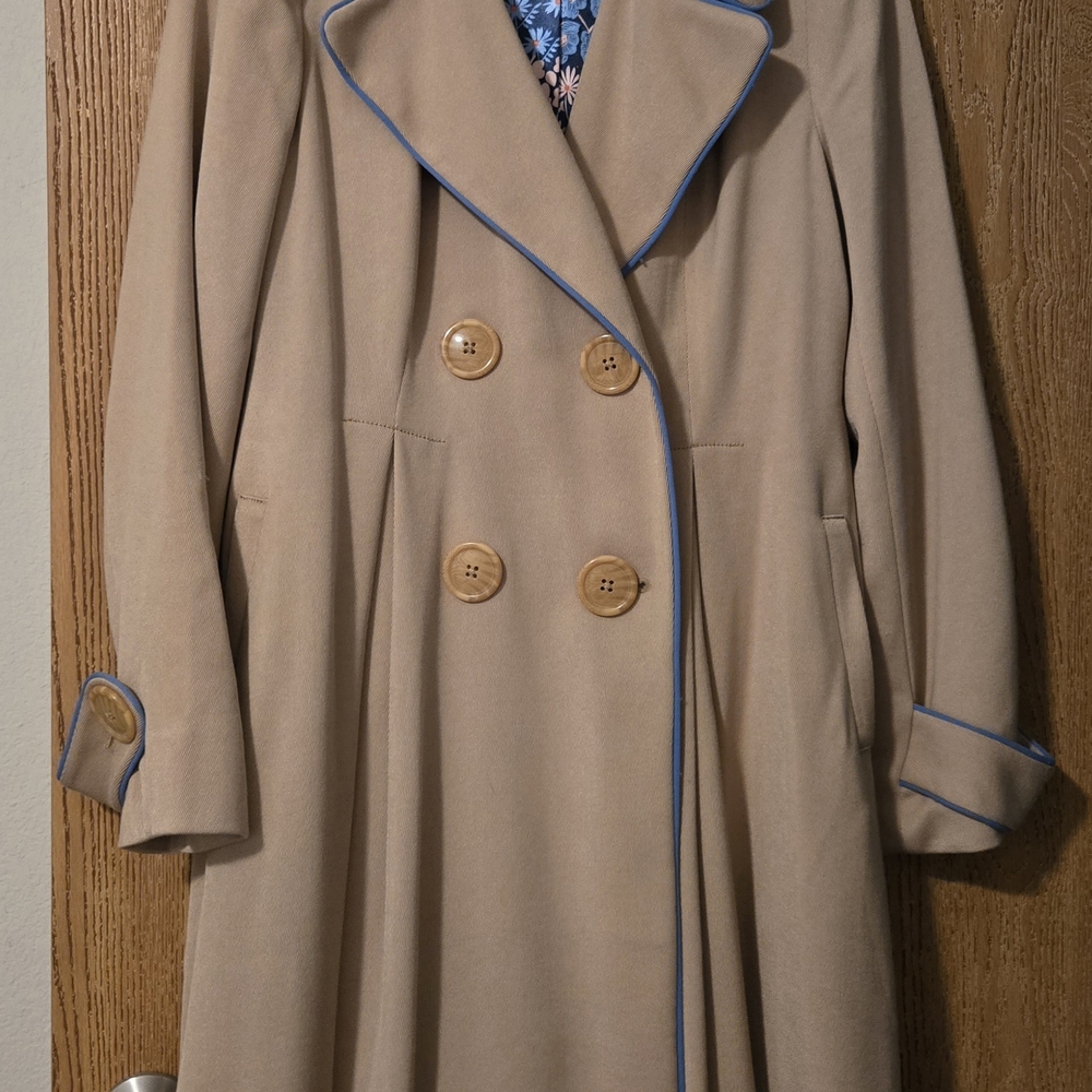 Anthropologie Tan Coat with Blue Trim